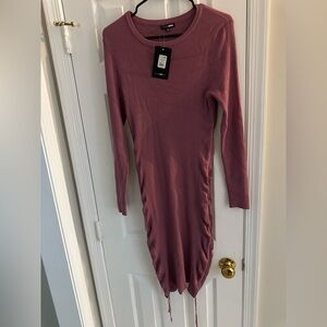 Fashion Nova Ribbed Long-Sleeve Midi Dress with Side Ties